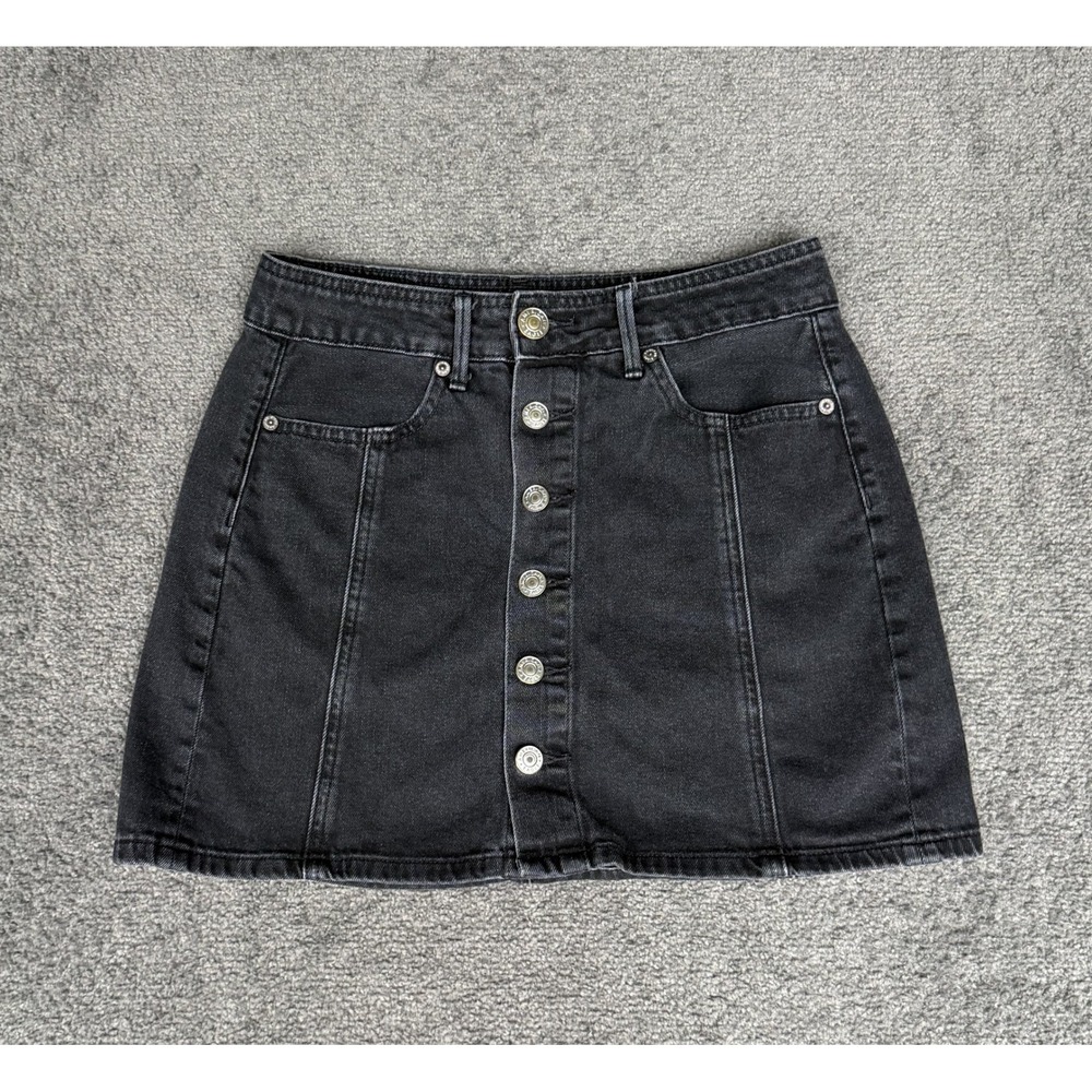 American Eagle Black Denim Button Front Mini Skirt Size 0 High Rise A-Line